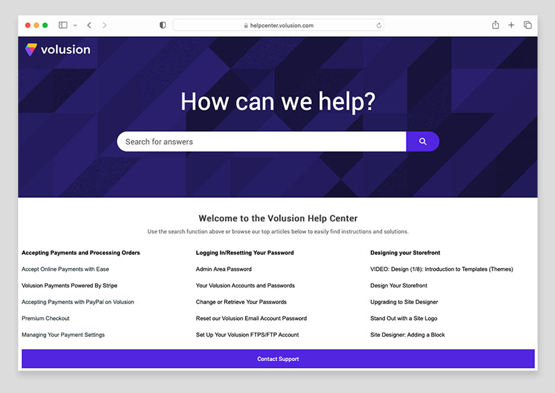 The Volusion support center.