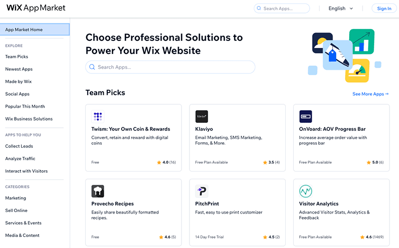 A screenshot of the Wix app market