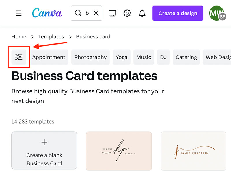 Canva template search results with the filter icon highlighted.