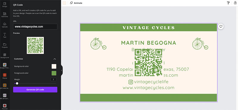 Adding a QR code to a business card.