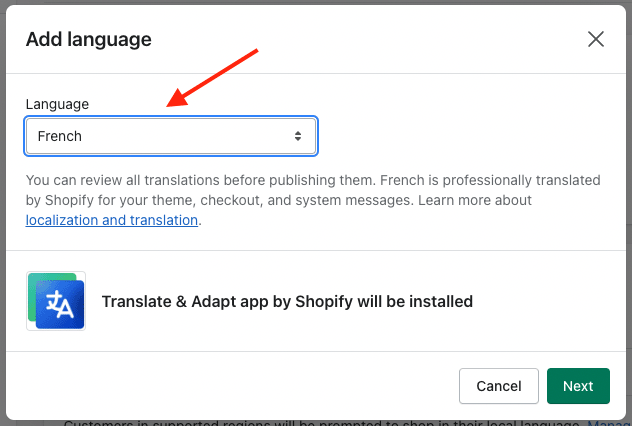 Adding a language to your store in Shopify.