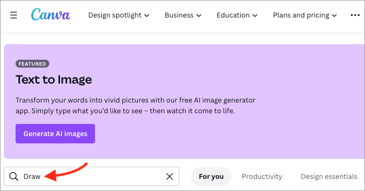 Searching for the 'Draw' app in Canva