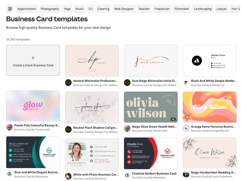 Business card template search results in Canva.