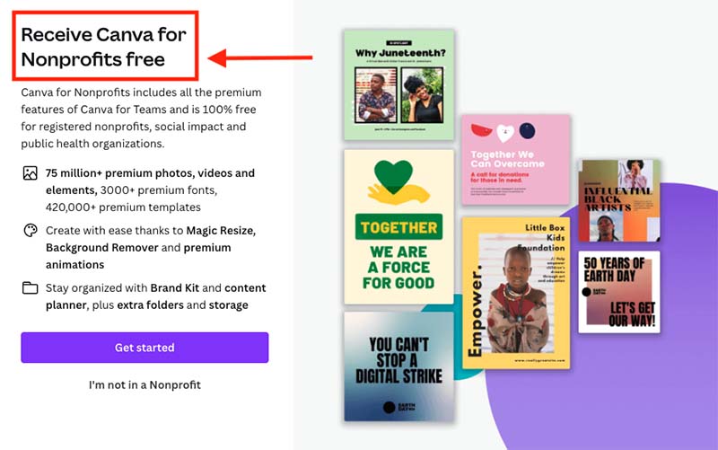 Canva for Nonprofits free features.