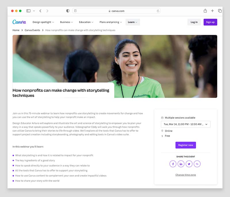 A Canva webinar on storytelling techniques for nonprofits..
