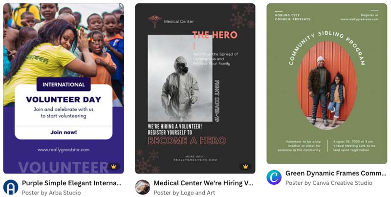 Some examples of Canva volunteer poster templates.