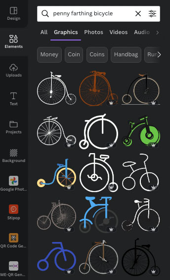 Cava's 'Elements' search tab with search results of penny farthing bicycle graphics displayed.