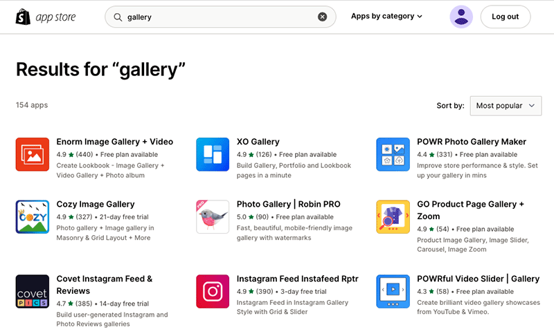 Gallery apps in the Shopify app store.