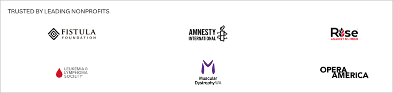 An image from the Canva website showing the logos of Fistual foundation, AmnestyInternational, Rise, Leukemia and Lymphoma Society, Muscular Dystrophy WA and Open America — all users of Canva for Nonprofits.
