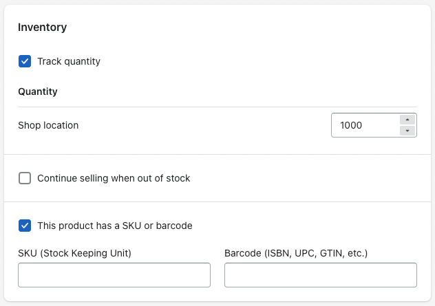 Adding inventory information to a product in Shopify.