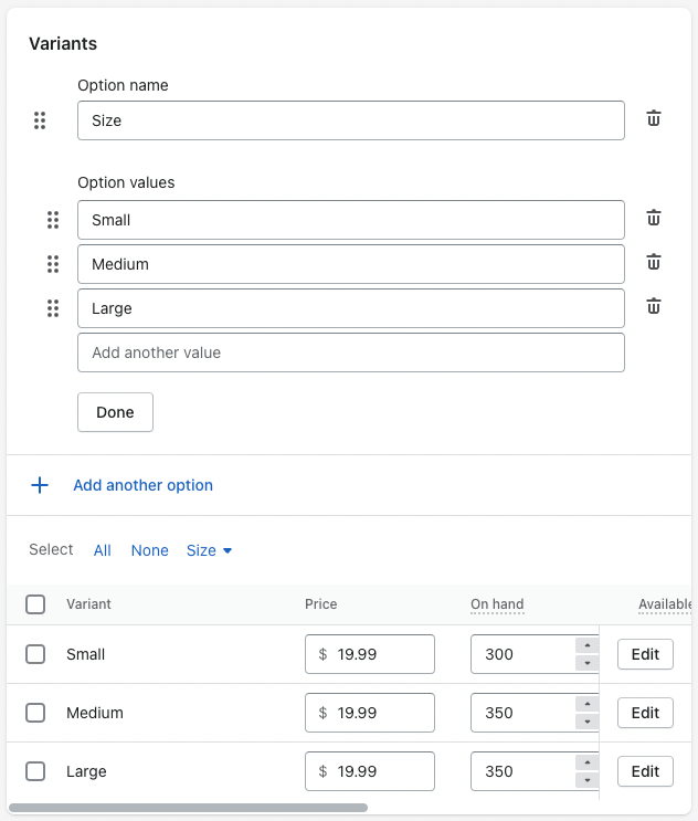 Adding product options and variants.