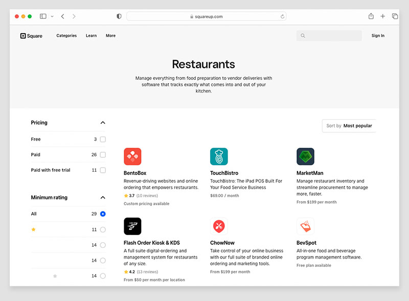 Some of the restaurant apps in Square's app marketplace