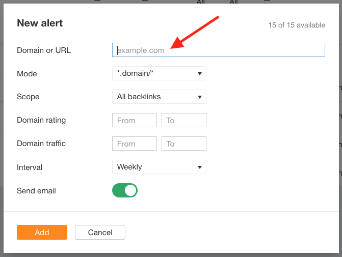 Setting up a new alert for a domain in Ahrefs.