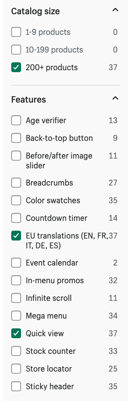 Apply filters in the Shopify theme store.