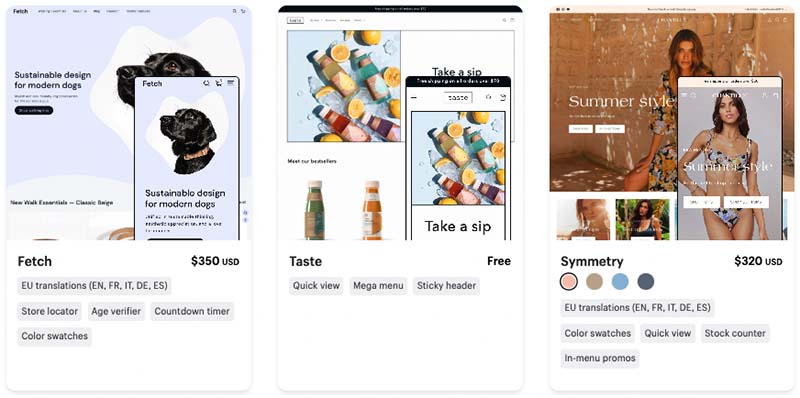 Some free and paid-for themes in the Shopify theme store.