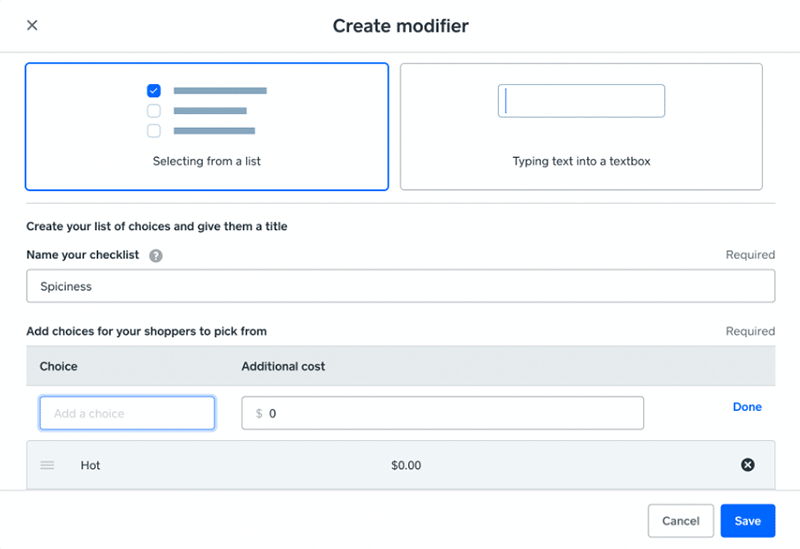 Creating a product modifier in Square.