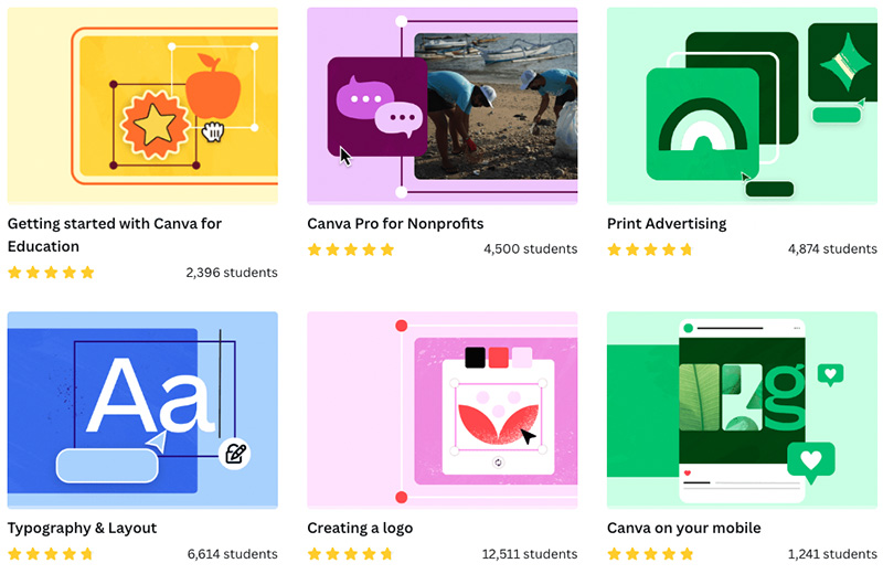 Some of the free design courses available in Canva.