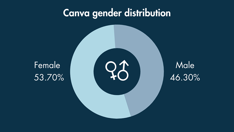A donut chart illustrating the gender distribution for Canva users.