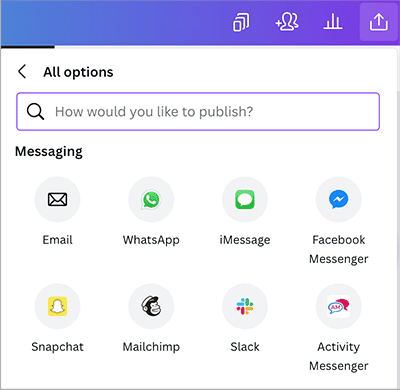 Some of the available options in Canva for sharing your designs via popular messaging services
