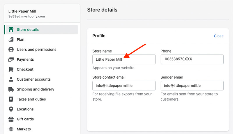 Changing your store name in Shopify settings.