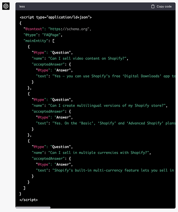 FAQ schema outputted by ChatGPT