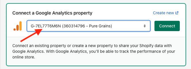 Selecting a Google Analytics property within the Shopify Admin.