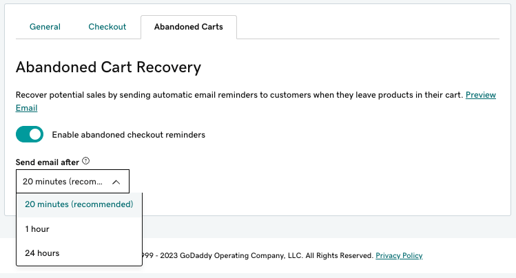 Setting up an abandoned cart email in GoDaddy.