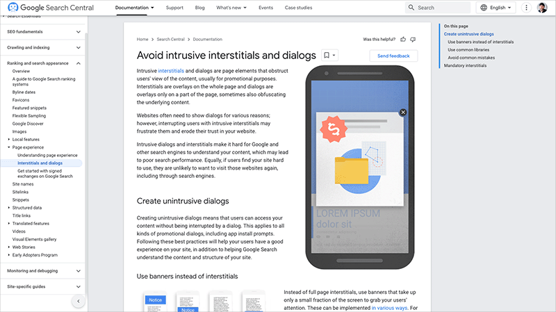 Google's guidelines on avoiding the use of popups on mobile devices