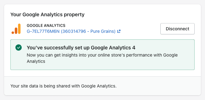 Google Analytics 4 success message in Shopify.