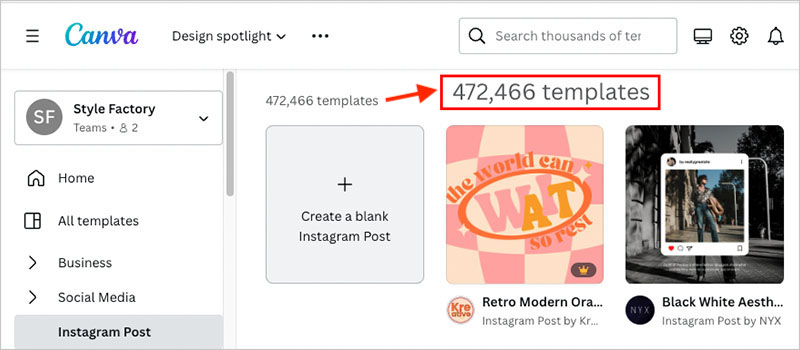 Instagram post template results in Canva's template library.
