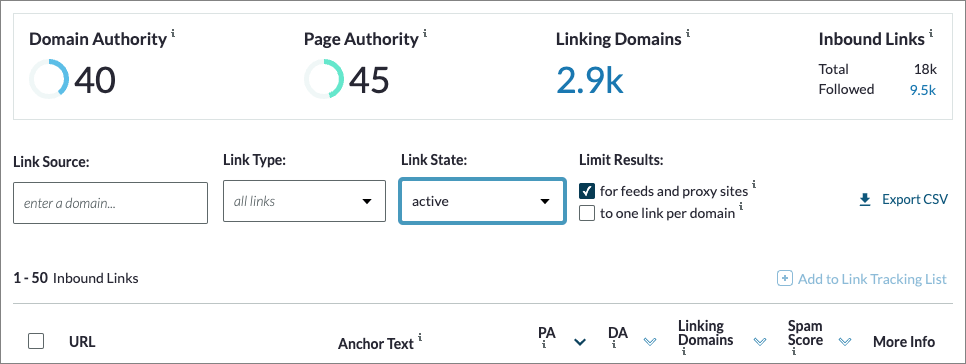 Backlink filters in Moz Pro