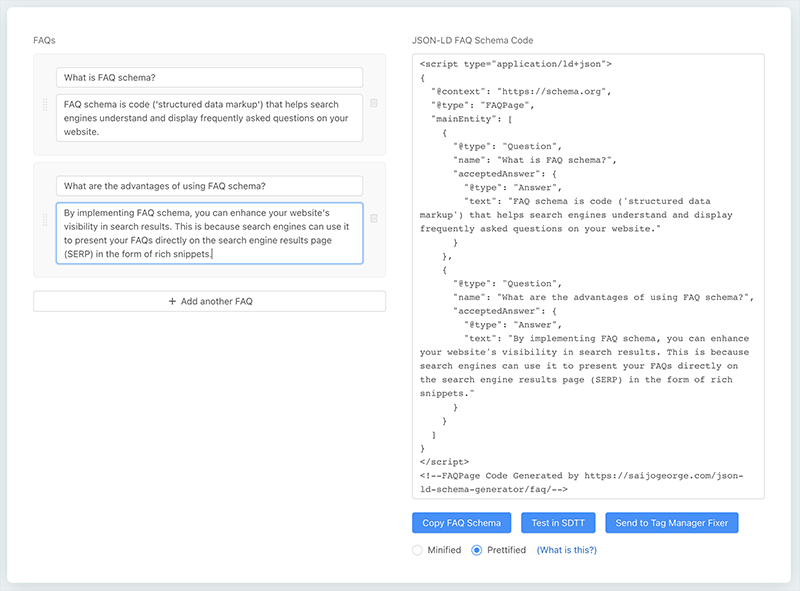 Saijo George's 'FAQPage JSON-LD Schema Generator' tool