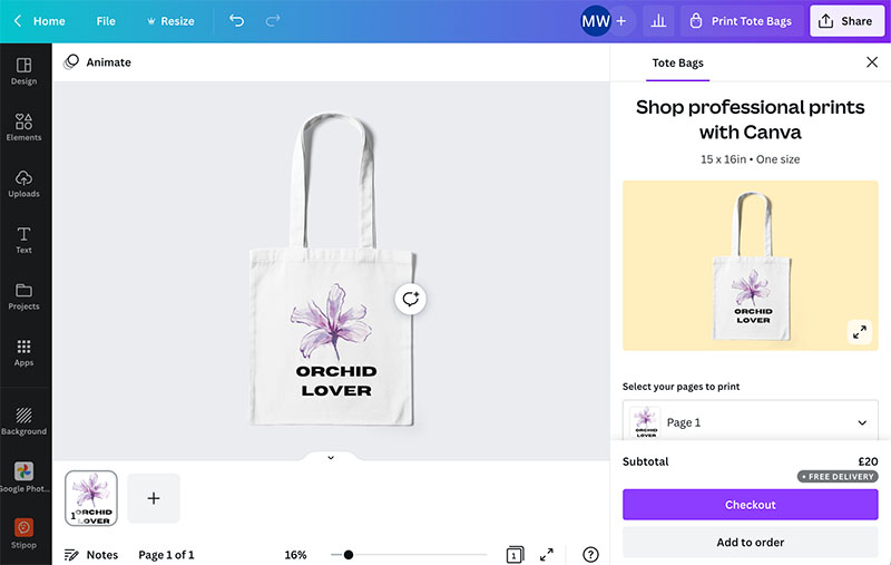 Printing a tote bag in Canva.