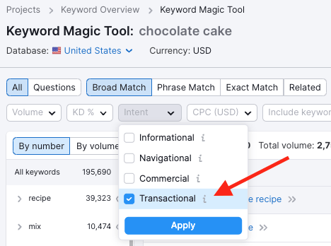 Filtering keywords by transactional intent in Semrush