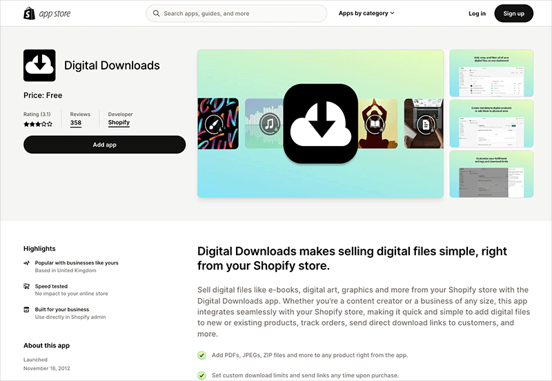 Shopify's 'Digital Downloads' app