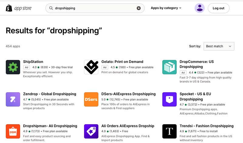 A selection of dropshipping apps that are currently available in the Shopify app store.