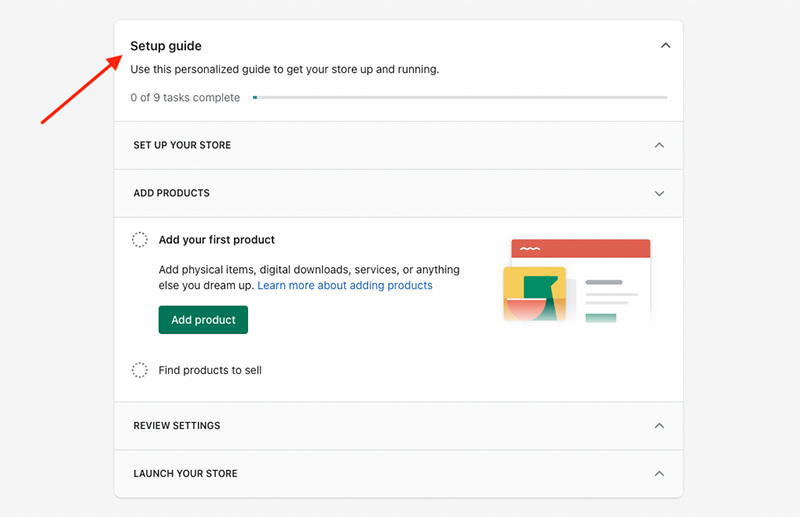 The onboarding process in Shopify.