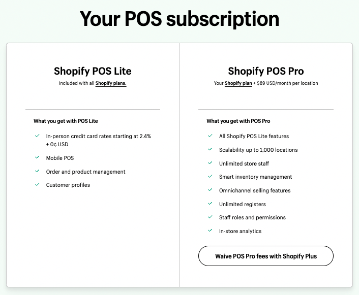 Shopify 的 POS Lite 和 POS pro 产品之间的主要区别。