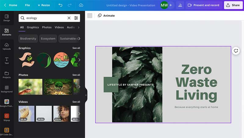Accessing some of the millions of stock assets available in Canva.