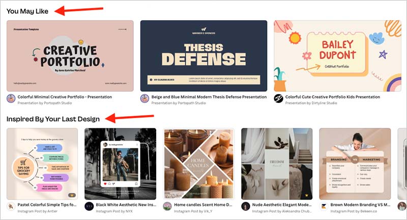 Personalized template recommendations in Canva.
