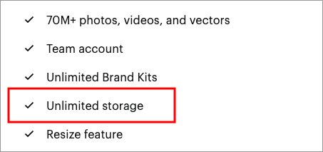 VistaCreate pricing table with 'unlimited storage' highlighted.