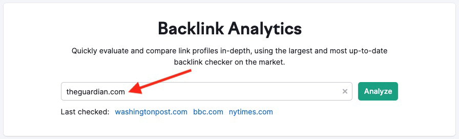 Entering a domain into the 'Backlink Analytics' tool in Semrush