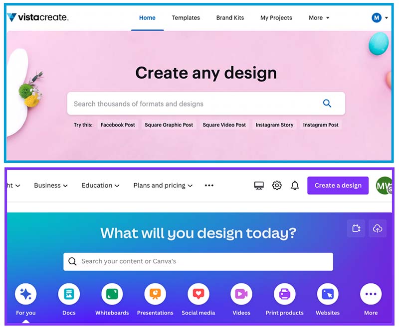 VistaCreate and Canva's home page search boxes.