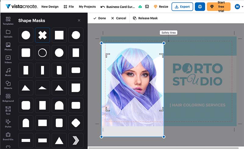 Using VistaCreate's 'mask tool' to turn an image into a shape.