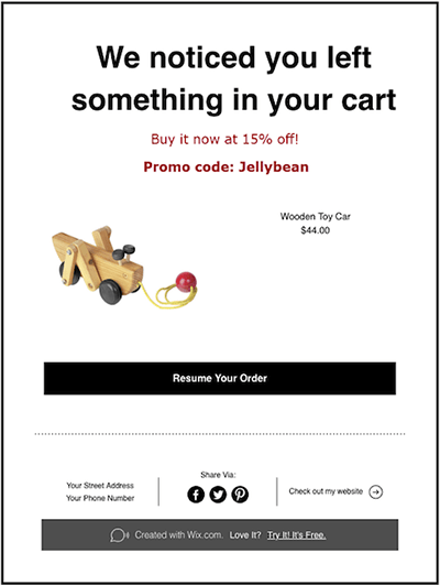 Example of an abandoned cart email sent with Wix.
