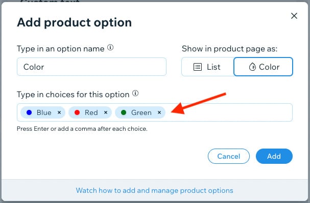 Defining product options in Wix