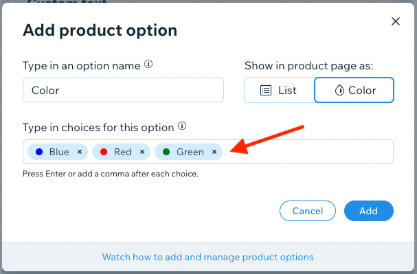 Defining product options in Wix