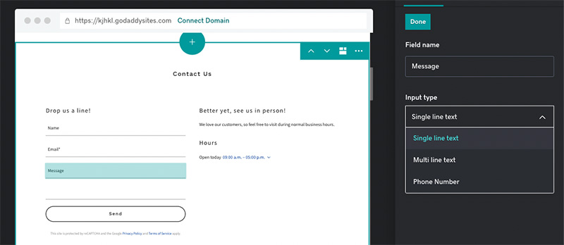 Customizing a contact form in GoDaddy.
