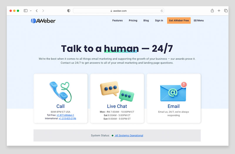 AWeber customer support page.