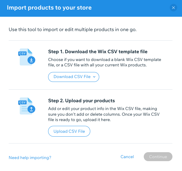 Bulk importing via CSV in Wix.